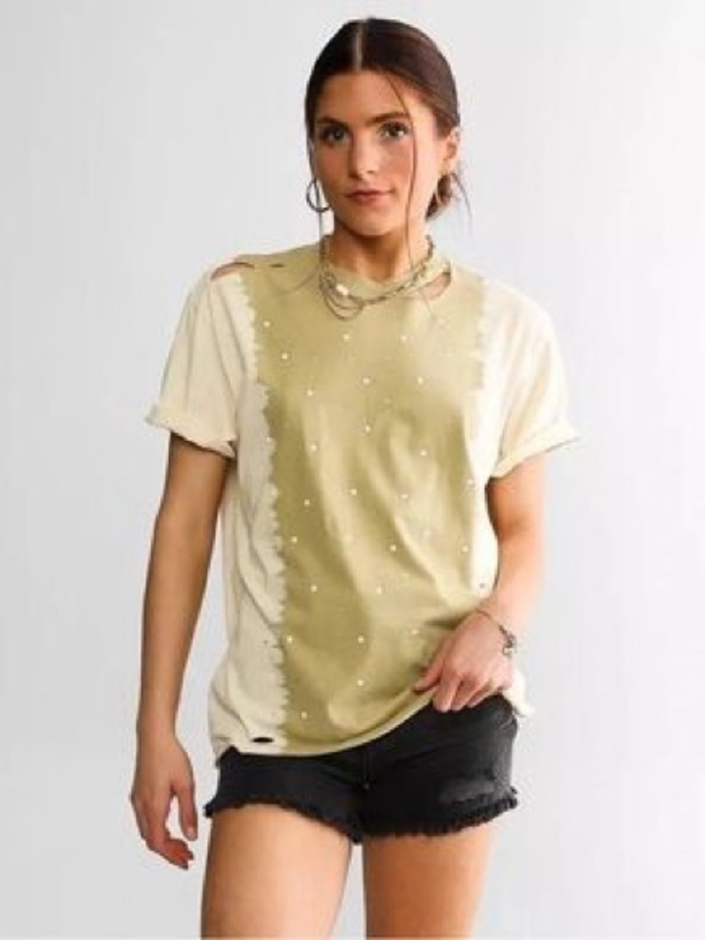 Gilded Intent Cream and Olive Split Dye Short Sleeve Tee with Dot Details